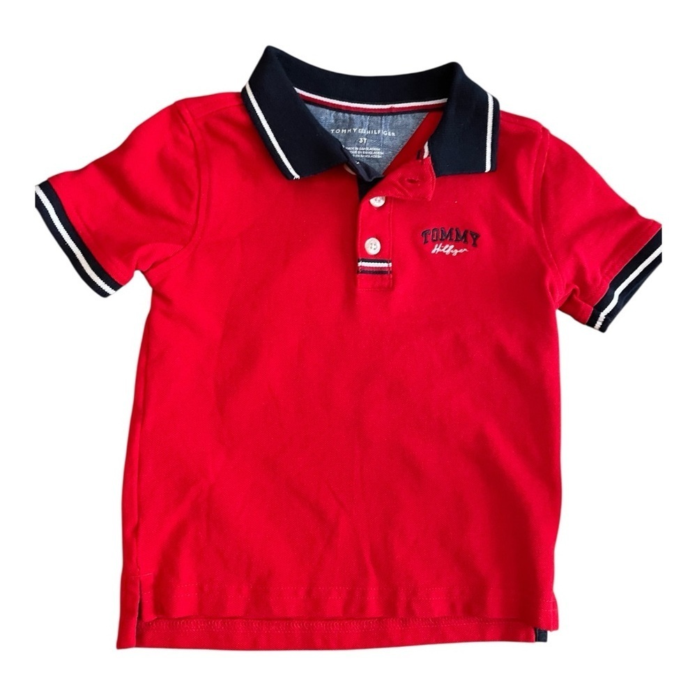 Tommy Hilfiger Kids Polo Shirt in Bright Red with Navy Collar and Trim Size 2T.
